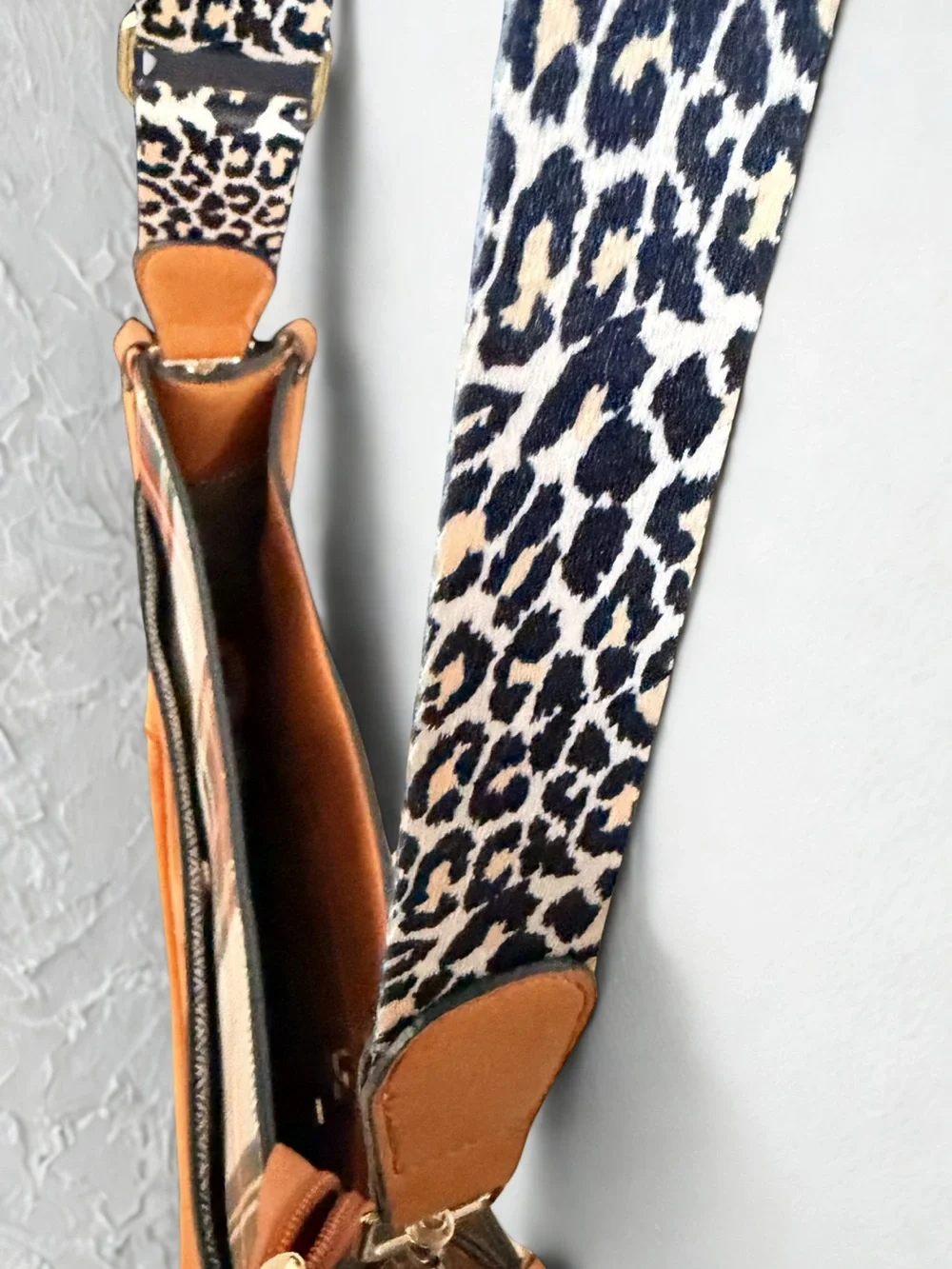 Cognac Brown Faux Leather Hobo Bag with Leopard Canvas Guitar Strap